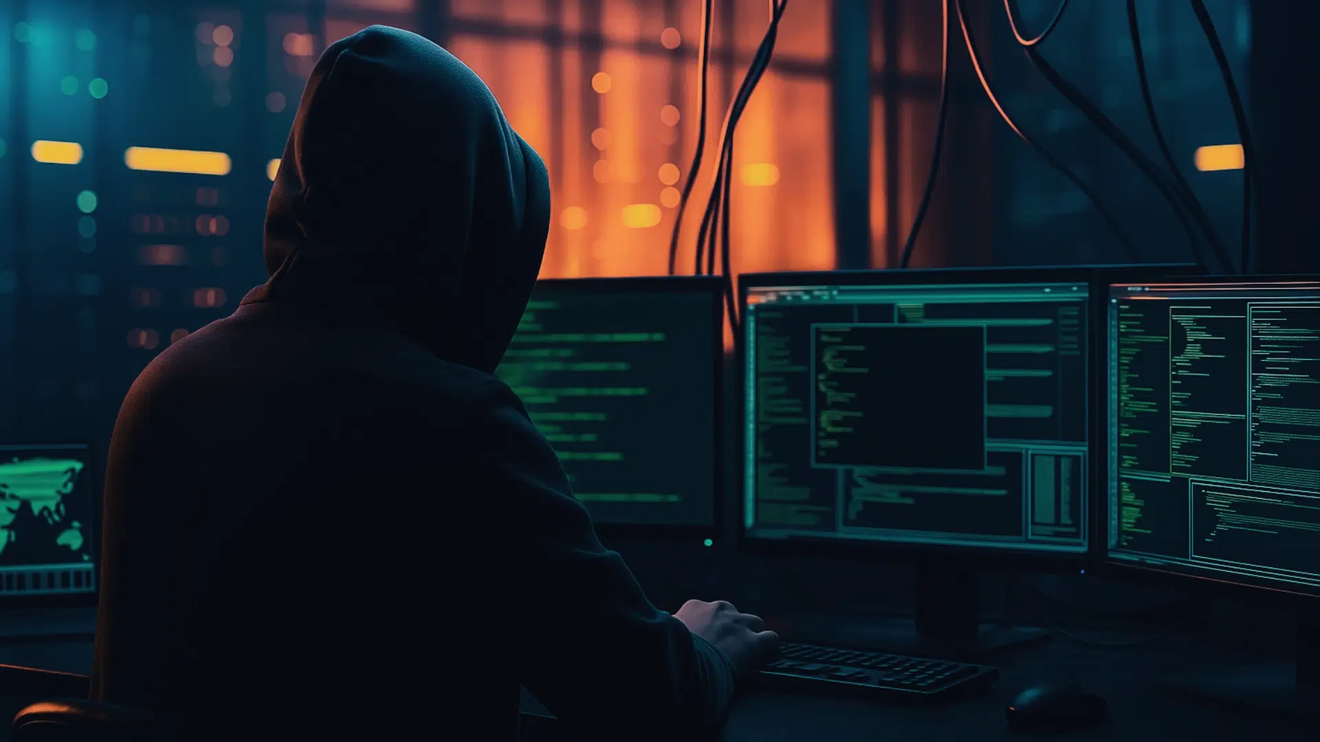 Représentation artistique d'un hacker black hat dans son environnement opérationnel