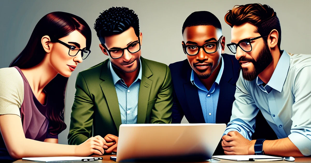 A diverse team of developers collaborating in real-time on code with synchronized screens