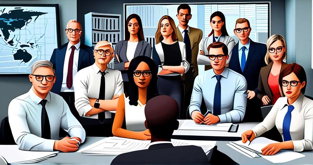 Salle de rédaction moderne avec journalistes collaborant avec des écrans d'intelligence artificielle et outils numériques