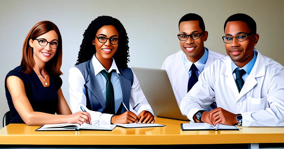 A diverse team of three education professionals collaborating on educational content creation for online courses