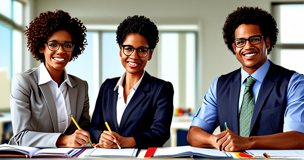 A diverse team of three education specialists collaborating on educational content creation