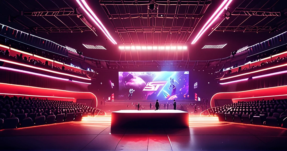Vision d'un spectateur en 2026 : l'arène physique enrichie par une couche d'information en réalité augmentée.